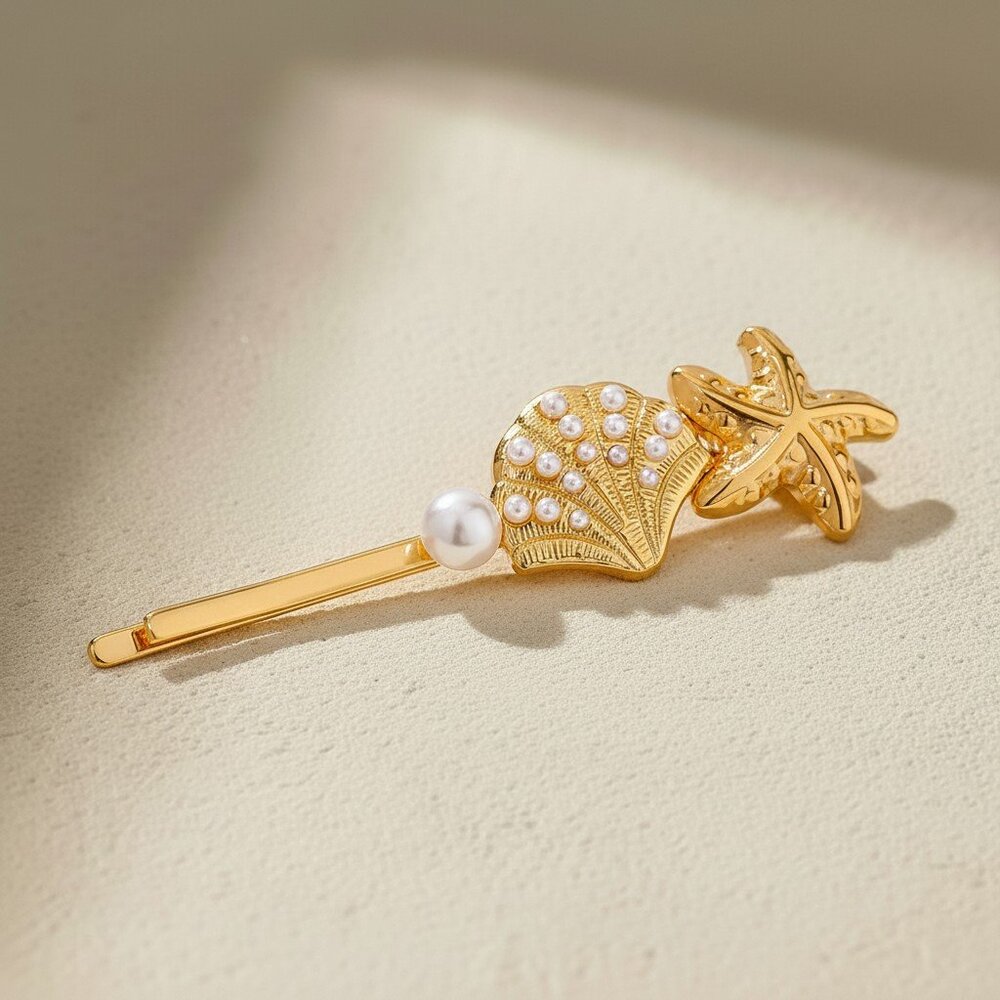 18K Gold Plated Stainless Steel Starfish Shell Pearl Coastal Hair Bobby Pin